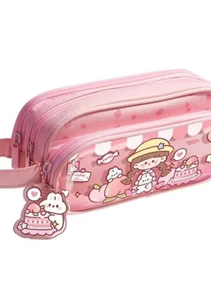 Canvas Large Capacity Cartoon Print Pencil Case 3 Compartment Cute Aesthetic Pencil Case for Girls Multifunctional Stationery Pouch for School - Little Hat