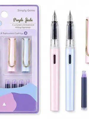 Kawaii Christmas Fountain Pen Set for Kids Students | 2 Refillable Extra Fine EF Nibs with 4 Blue Ink Cartridges & 2 Cute Cartoon 3D Silicone Caps (Purple)