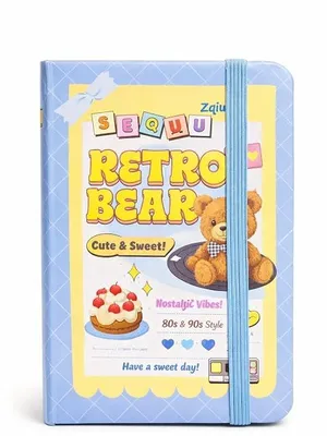 Cute Aesthetic Hardcover Notebook with Elastic Band – Kawaii Pastel Journal, Cartoon Dessert & Cat Design Diary, Portable Writing Notebook for School, Office, Students & Gift (RETRO BEAR)