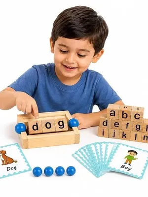 Wooden Reading Blocks Short Vowel Rods Spelling Games, Flash Cards Turning Rotating Letter Puzzle for Kids, Site Words Montessori Spinning Alphabet Learning Toy for Preschool Boys Girls