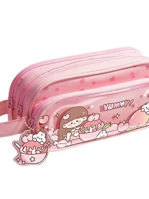 Canvas Large Capacity Cartoon Print Pencil Case 3 Compartment Cute Aesthetic Pencil Case for Girls Multifunctional Stationery Pouch for School - Tea Party