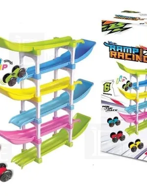 Kids Ramp Racing Track Toy with 4 Mini Cars, Multi-Level Flip Track, Colorful Car Ramp Race Set, Educational STEM Toy for Toddlers Boys & Girls