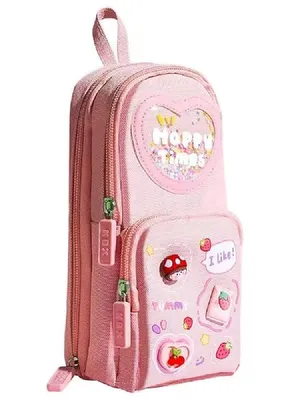 Happy Time Pink Pencil Case, 3 Compartment Storage Pouch