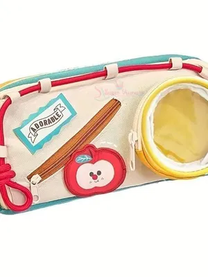 Apple Food Theme Pencil Pouch for Girls & Boys, Large Capacity Zipper Stationery Bag with DIY Magical Patch & Transparent Display Window Organizer