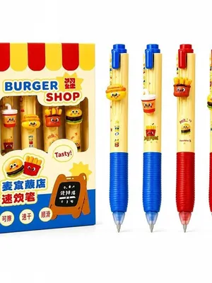Cute Burger Theme 4 Color Ball Pens for Kids | Blue Ink Smooth Writing Pens Set | Cartoon Food Design Fancy Pens for School, Return Gifts & Stationery Gift Set - Burger Shop