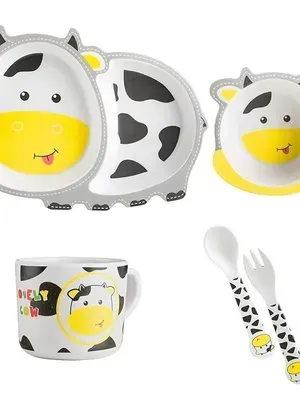5-Piece Bamboo Dinnerware Set for Baby & Toddler – Plate, Bowl, Cup & Spoon, Eco-Friendly, BPA-Free, Dishwasher Safe Feeding Set, Gift for Kids (Cow Small)