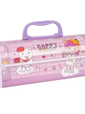 Happy Girl Multilayer Password Lock Pencil Box, Plastic Cartoon Print Large Capacity Stylish Pencil Box for Boy Girls, School Stationary Organizer Case for Kids Best Gifts
