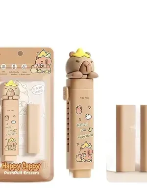 1 Pcs Cartoon Shaped Cute Erasers Push Pull Design Retractable Erasers Pastel Aesthetic Pencil Eraser Cute Rubber for Kids Students School Office Stationery - Capybara Coffee