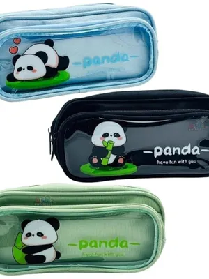 Cute Panda Pencil Pouch 3 Combo Set, Double Zipper Transparent Window Pen Case, Large Capacity Canvas Storage Bag for School, Kids, Teens & Office