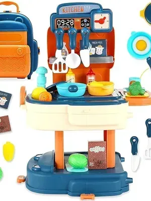 2 in1 School Bag Pretend Play, Portable Suitcase Shape, Kitchen Set Toy with 31 pcs Accessories for Kids - Chef Kitchen Set Bag