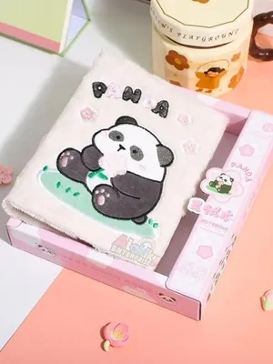 Cute Panda Plush Notebook A5 Soft Furry Diary for Kids Girls Boys, Panda Embroidered Fluffy Cover Journal, Daily Planner To-Do Writing Notebook Gift for School & Personal Use (Floral Panda)