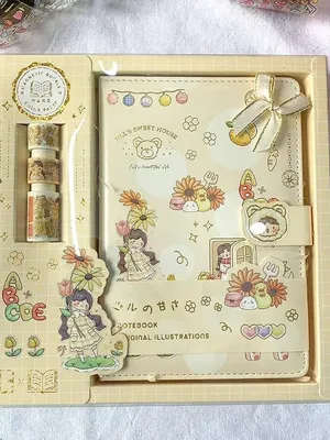 Cute Cartoon Notebook for Kids – Fancy Diary Gift Set with Decorative Washi Tapes & Stickers | Habit Tracker, Monthly Planner & Scribble Journal [Pack of 1] (Dark)