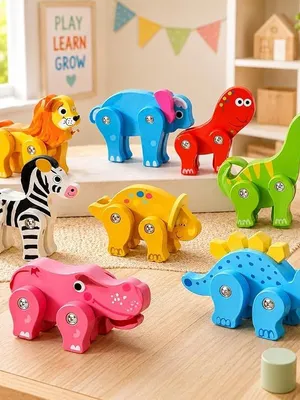 Montessori Wooden Animal Toy Set – 8-Piece Flexible Movable Joints, Playset with Vibrant Non-Toxic Child-Safe Paint, for Toddlers & Kids - Littlebear Shape Wrapped