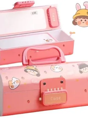 Plastic Kids Cute Style Pencil Box,Suitcase Password Lock Case,Multi-Layer Box for Kids,Boys,Girls,Stationary Organizer Case,Return Gift (Cute Box)-Multicolor