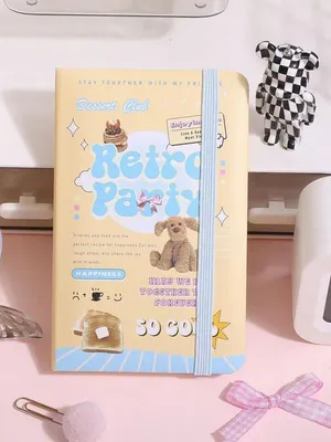 Cute Aesthetic Hardcover Notebook with Elastic Band – Kawaii Pastel Journal, Cartoon Dessert & Cat Design Diary, Portable Writing Notebook for School, Office, Students & Gift (RETRO PARTY)