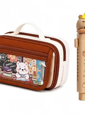 Kawaii Stationery Combo Set for Girls | Kawaii Pencil Case Pouch with Zipper & Push Pull Eraser with Refills Back to School Supplies Gift for Kids (Capybara Bear Pouch + Coffee Eraser)