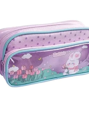 Canvas Large Capacity Cartoon Print Pencil Case 3 Compartment Cute Aesthetic Pencil Case for Girls Multifunctional Pencil Pouch - Rabbit