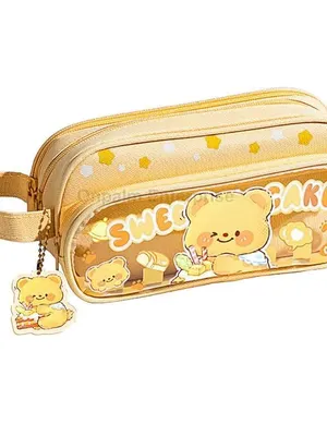Canvas Large Capacity Cartoon Print Pencil Case 3 Compartment Cute Aesthetic Pencil Case for Girls Multi Pencil Pouch - not Keychain - Sweet Cake