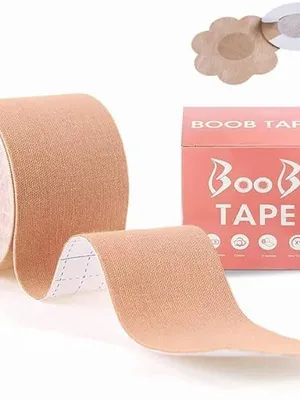 Boob Tape Kit - Instant Boob Tape with 10 Nipple Pasties for Fashion with 36 Strips Double Sided Tape for Clothes (Beige)