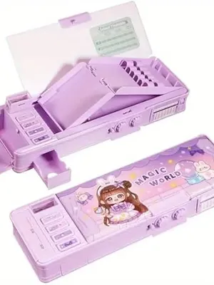 Purple Magic World Pencil Case Organizer with Password Lock, Sharpener, Schedule & Whiteboard – Multifunctional Cartoon Pen Box for Teens, Perfect Christmas or Birthday Stationery Gift