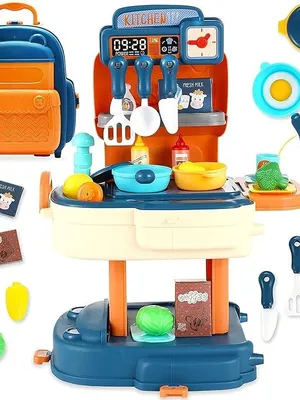 2 in1 School Bag Pretend Play, Portable Suitcase Shape, Kitchen Set Toy with 31 pcs Accessories for Kids