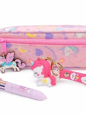 Canvas Pencil Case Large Capacity Pouch Organizer with Pen Keychain for Students Kids Stylish Pen Holder Pouch, Stationery Box, Cosmetic Pouchs Bag (Pen, Keychain, Pouch- Happyday)