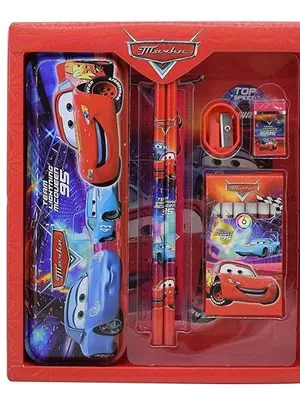 Cartoon Printed Stationary Kit for Boys and Girls Pencil Pen Book Eraser Sharpener - Stationary Kit Set for Girls/Birthday Gift for Kids(Multi Color) (Car Pencil Box)