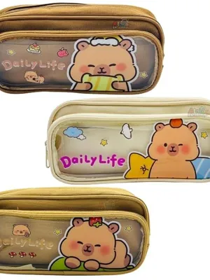 Daily Life Cartoon Bear Pencil Pouch 3 Combo Set, Transparent Window Double Zipper Pen Case, Large Capacity Canvas Organizer for School, Kids, Teens & Office - Bear Daily Pencil Pouch 3 Combo Pack