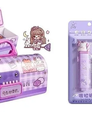 Kawaii Stationery Combo Set for Girls | Kawaii Pencil Case Pouch with Zipper & Push Pull Eraser with Refills Back to School Supplies Gift for Kids - Lucky Pencil Box Combo