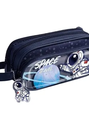 Canvas Large Capacity Cartoon Print Pencil Case 3 Compartment Cute Aesthetic Pencil Case for Girls Multifunctional Stationery Organizer for School Office - Astronaut