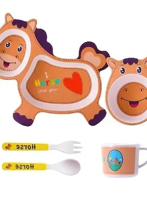 5-Piece Bamboo Dinnerware Set for Baby & Toddler – Plate, Bowl, Cup & Spoon, Eco-Friendly, BPA-Free, Dishwasher Safe Feeding Set, Gift for Kids (Horse Bamboo)