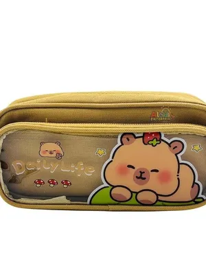 Cute Cartoon Pencil Pouch with Double Zipper & Transparent Window, Large Capacity Fabric Pen Case for School, Office, Students, Kids & Teens (Daily Life Khakhi Pouch)