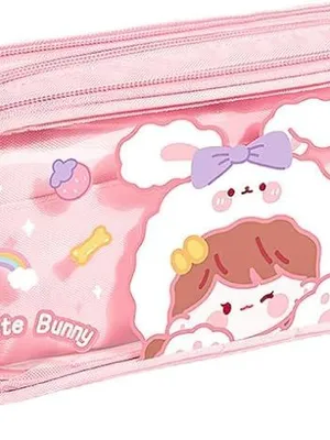 Cute Bunny Canvas Large Capacity Cute Cartoon Print Pencil Case 3 Compartment Aesthetic Pencil Case for Girls Multifunctional Stationery Organizer for School Office - Cute Bunny Pencil Pouch 1
