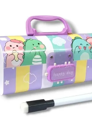 Cartoon Theme Pencil Box for Kids Suitcase Style Password Lock Stationery Organizer Multi-Layer Pen & Pencil Case for Return Gift Item for Kids (Happy Dino Pencil Box)