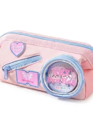 Kawaii Pink Pencil Pouch with Transparent Round Window & Mini Doll Pocket – Large Capacity Zipper Pen Case, Cute Pastel Stationery Organizer for Girls, School & College - Sweet Funny