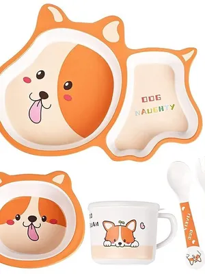 5-Piece Bamboo Dinnerware Set for Baby & Toddler – Plate, Bowl, Cup & Spoon, Eco-Friendly, BPA-Free, Dishwasher Safe Feeding Set, Gift for Kids (Dog)