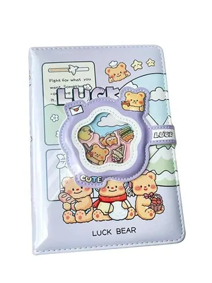 Kawaii Luck Bear Diary with Window Shaker Cover, Cute Cartoon Lock Notebook for Girls, A6 PU Leather Journal Planner Gift for Kids Students School Office Writing Notebook