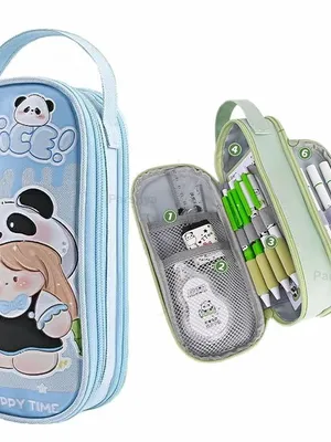 Two Layer Six Slot Premium Canvas Pencil Pouch for School Girls and Boys, Cute Aesthetic Stationery Items Kit Case, Large Capacity Stationary Pencil Box for Kids Gifts - Happy Time