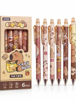 Capybara Erasable Gel Pen Set of 6 | 0.5mm Blue Ink Retractable Pens | Cartoon Kawaii Writing Pens | Smooth Writing | School, College, Office, Journaling & Gift for Kids and Students