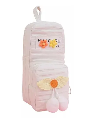 Cute Angel Wings Pencil Pouch for Girls | Large Capacity Zippered Stationery Organizer Case with Pom Pom Charm and Front Pocket for School Use - HUAGNOU