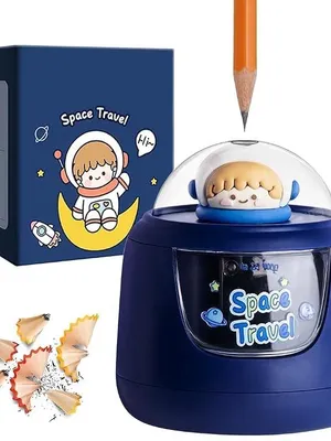 Automatic Electric Pencil Sharpener for Kids, Battery Operated with Dust Box, Cartoon Astronaut Design, for School, Home, Office & Return Gifts (Space Electric Sharpener - Blue)