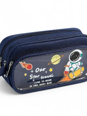 Large Capacity Pencil Pouch for School Kids, 3 Compartments, Transparent Front Pocket Cartoon Design, Durable Zipper Case with Carry Strap, Cute Astronaut Pen Pouch for Boys & Girls - Star Travel