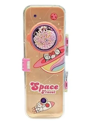 Cute School Pencil Box for Girls, Space Theme 2 Layer Compass Case with Thermo Balls for Boys, Aesthetic Stationary Items for Kids, Transperant Pencil Box, Best Gifts
