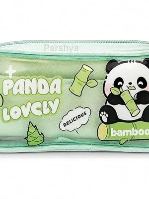 Cute Panda Pencil Pouch for Girls & Kids | 3 Compartment Large Capacity Pencil Case with Transparent Pocket | Aesthetic School Stationery Organizer Bag (Lovely Panda)