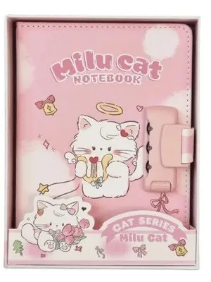 Milu Cat Password Lock Diary for Girls – Cute Cartoon Cat Secret Notebook with Number Lock, PU Leather Journal for Kids, School Diary Gift for Students (BEST)