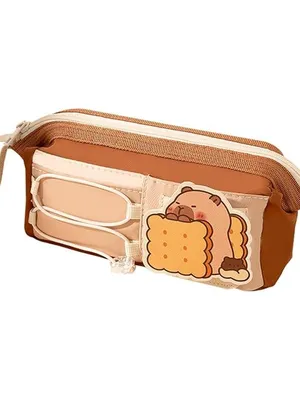 Cute Cartoon Pencil Pouch with 5 Compartments, Large Capacity Zipper Pen Case with Front Pocket & Straps, Multi-Storage Stationery Organizer for School Girl & Boy - Capybara