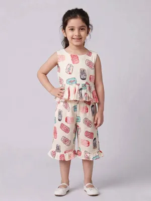 Girls Ice Cream Print Peplum Top & Capri Co-Ord Set