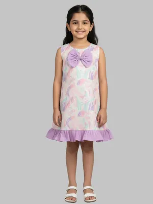 Girls Pastel Print Bow Detail A-Line Dress