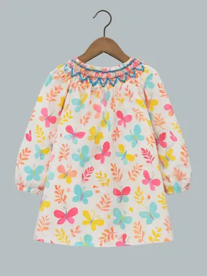 Girls Butterfly Print Smocked Neck Dress