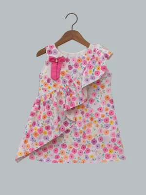 Girls Floral Print Asymmetrical Ruffle Dress